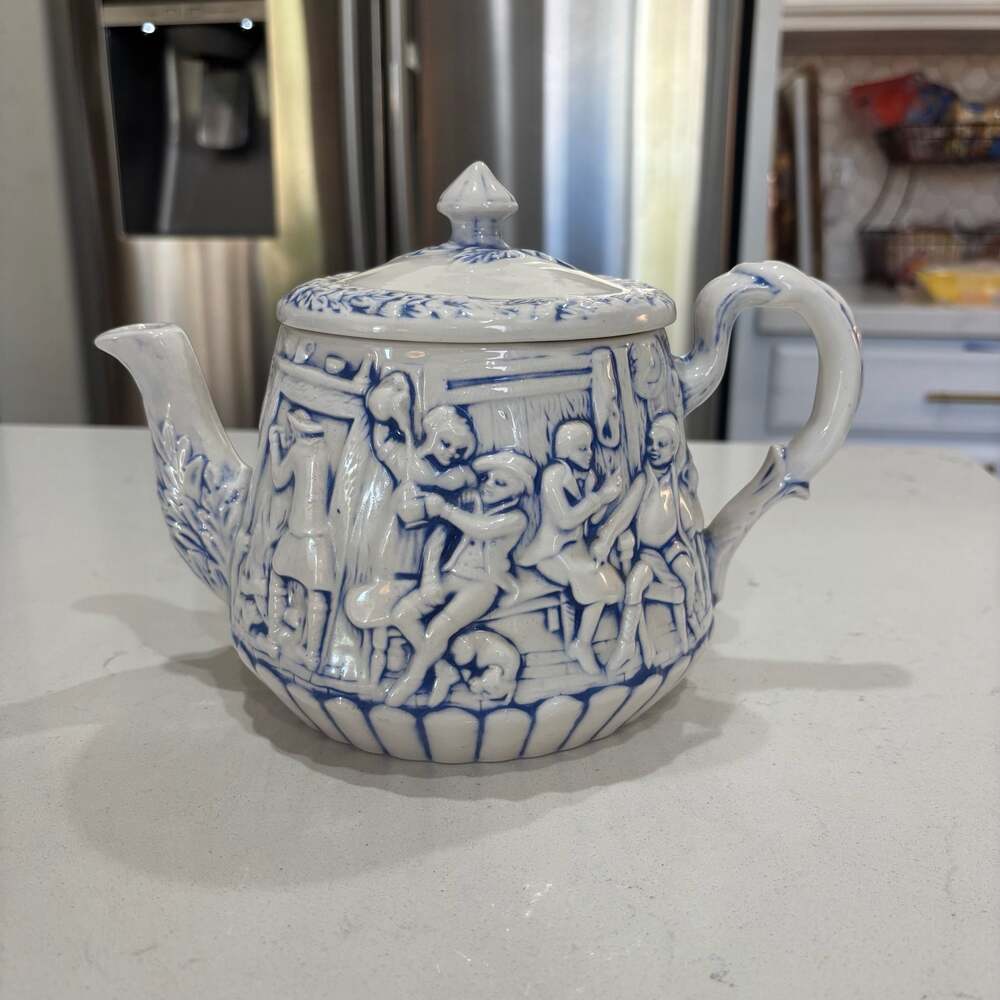 Vintage Blue and White Relief Molded Tavern Scene Teapot